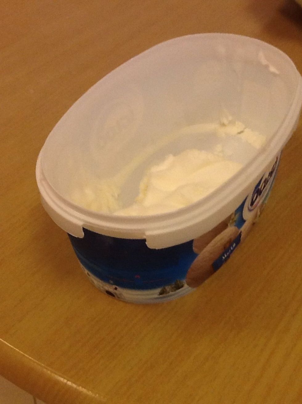 Take around 2 medium scoops of vanilla ice cream x)