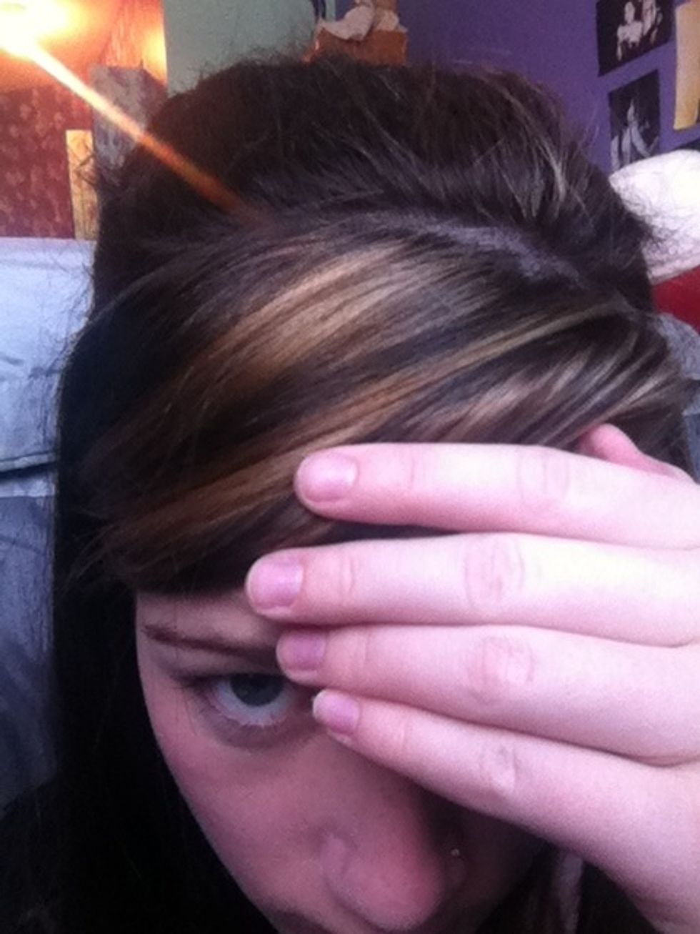 Take back hair , I chose to leave all the coloured part of my bangs forward and take back the rest , optional how much you want to take back. After this is done , teaseby backbrushing the hair to root