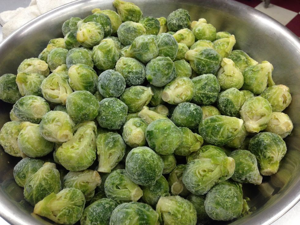 Take Brussels sprouts and blanch (boiling water then shock with ice water) them for 5 mins or tender