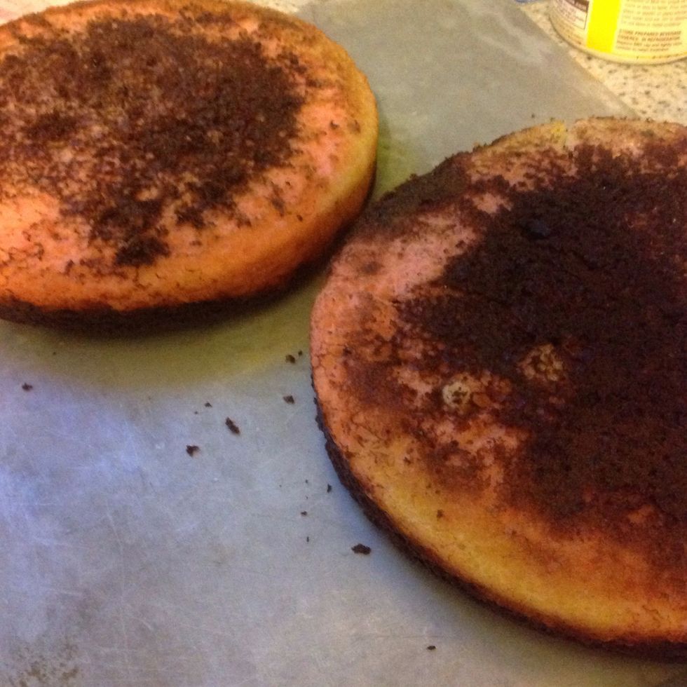 Take cake out of oven. Let them cool and take them out of the pans.