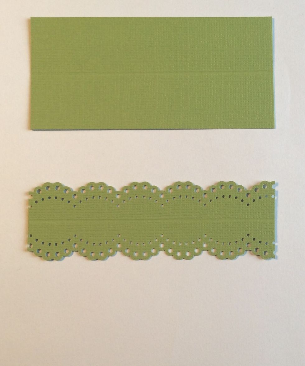 Take card stock strips and punch each long edge as shown. Fold along score line.