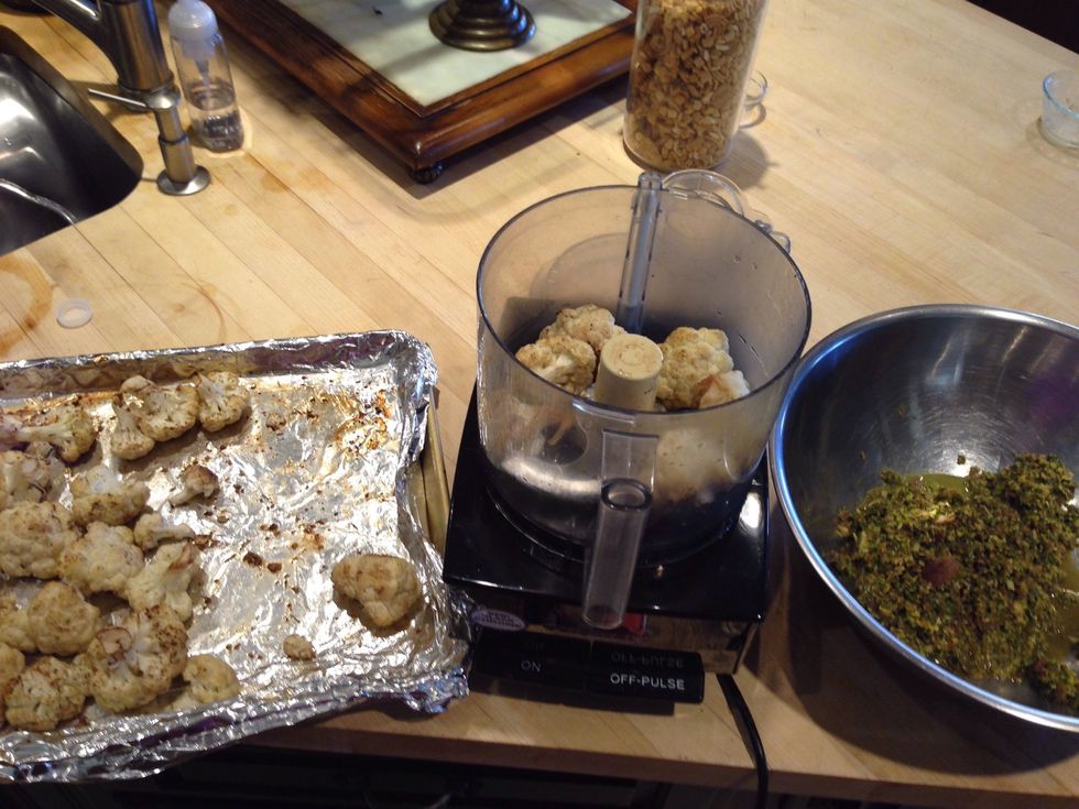 Take cauliflower from oven. Put 6-10 florets at a time in processor and pulse till "rice" size. Transfer out to large bowl. Do till all cauliflower is "rice" and in large bowl with broccoli mixture.