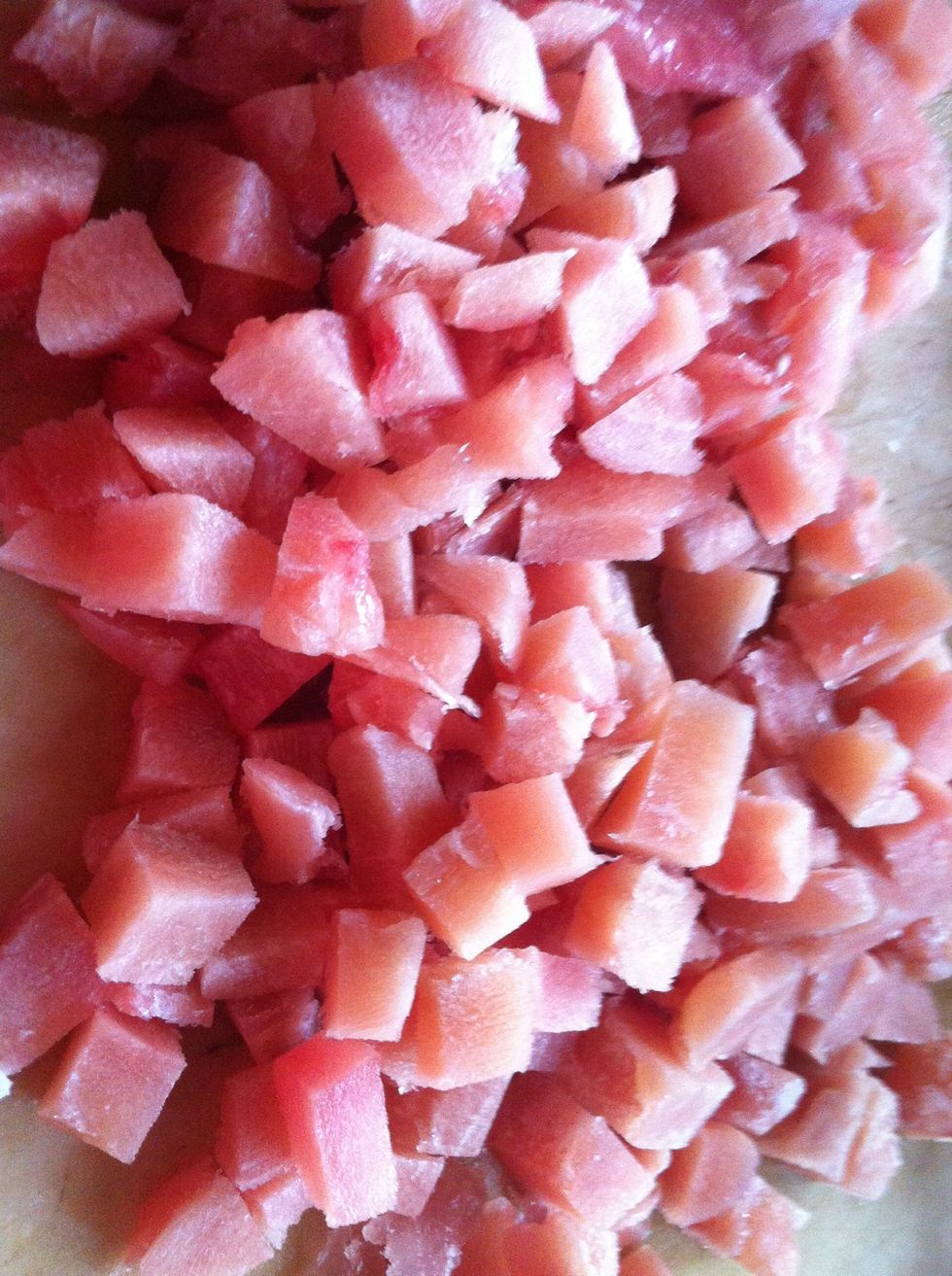 take chicken and cut to form cubes (better if u cut frozen)