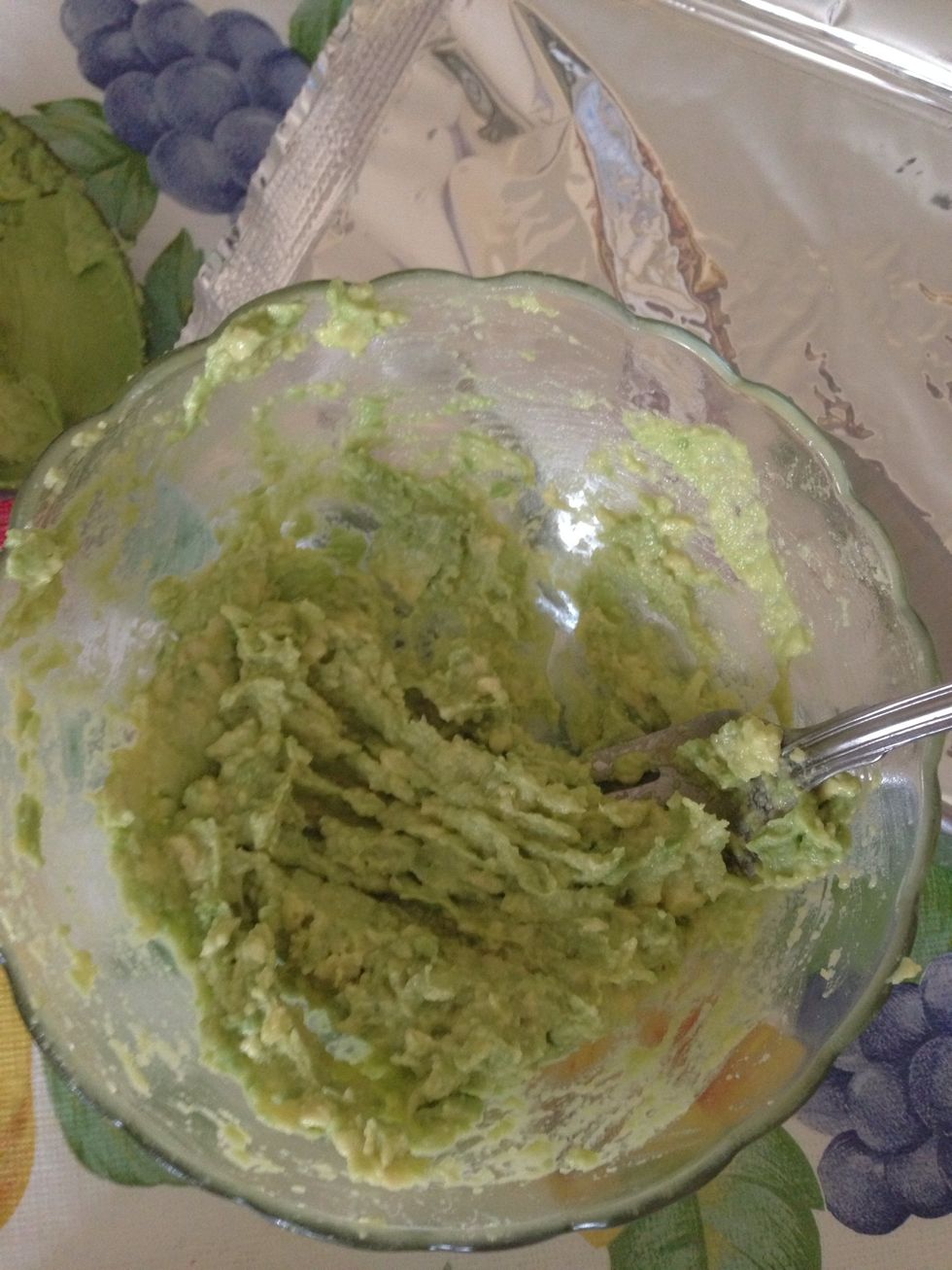 Take half an avocado, halve it, and mush the half with a fork to make a paste. I use this instead of sour cream for essential healthy fats. Not to mention it tastes goooooood!