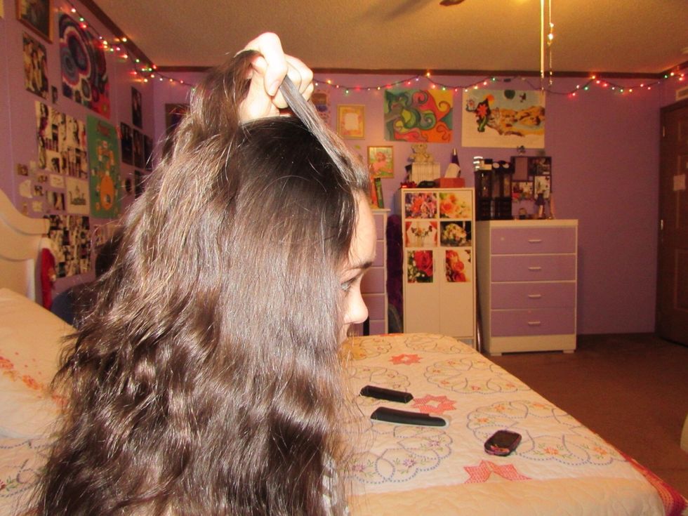 Take in hair from the right. Then what you want to do is, braid it like a three strand braid. After you have done that, grab hair from each side, and braid until you get down to your neck or continue.