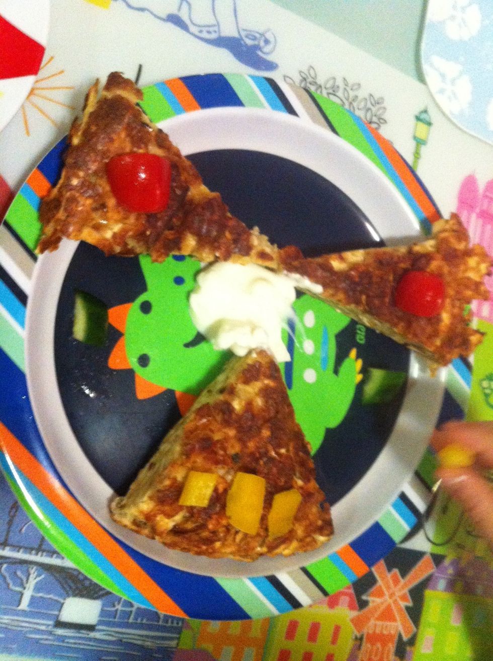 Take it out, cut it out, and serve with Israeli salad and sour cream. Kids will also enjoy a smile.