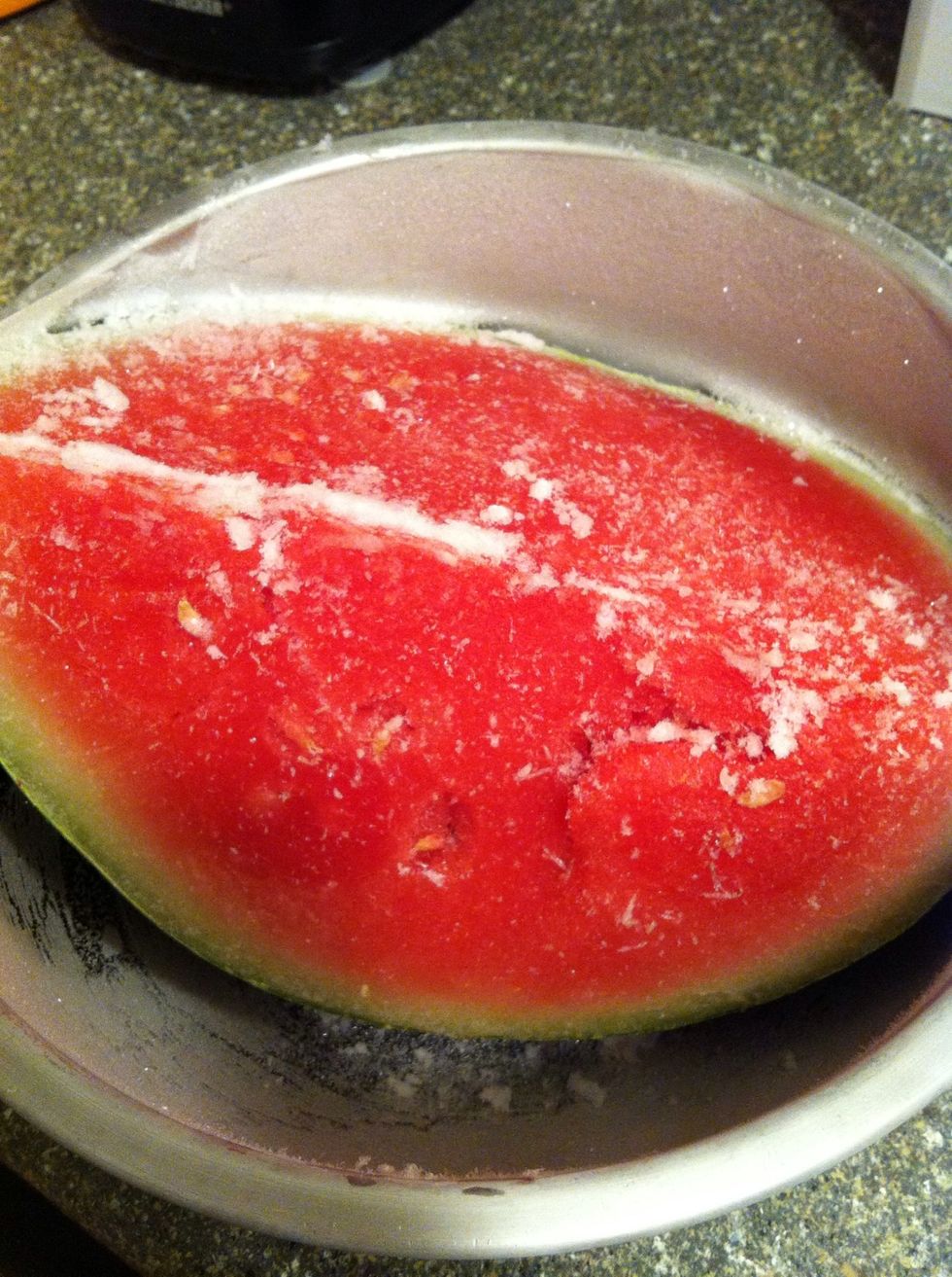 Take it out. I had my freezer up way too high but it's all cool (haha see what i did there). It's frozen solid and that's what I want.