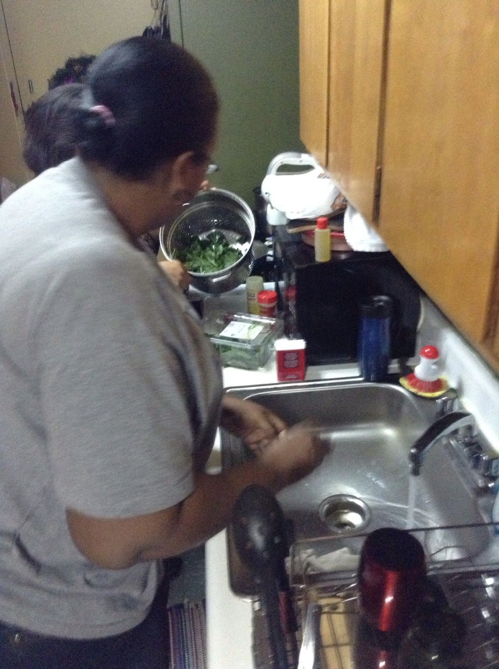 Take left over greens to be put in with left over spinach and placed in freezer for another day.