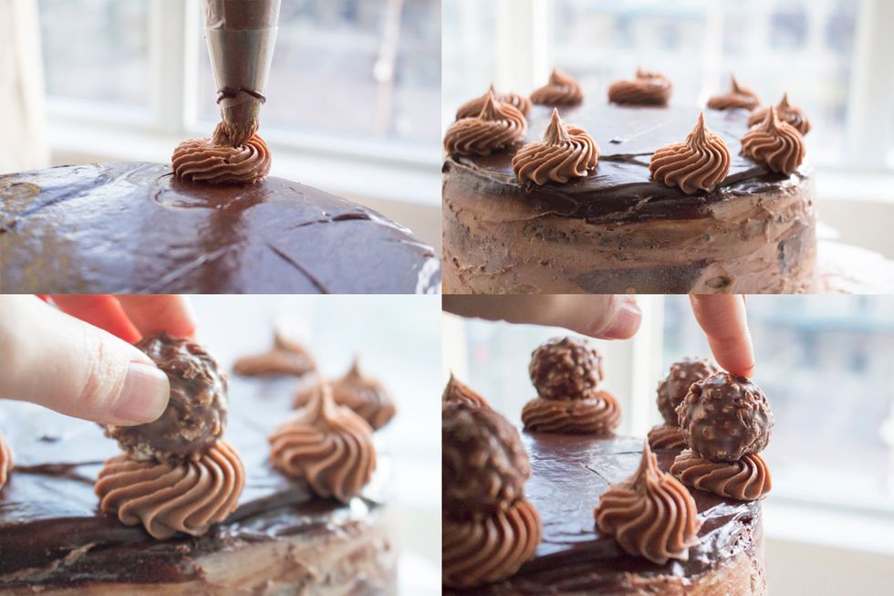 Take nutella buttercream (with 6B or 1M Wilton Tip) & pipe over the tick marks we made in the previous step in a small circular motion. Then add the ferrero rochers on top of each rosette we piped.