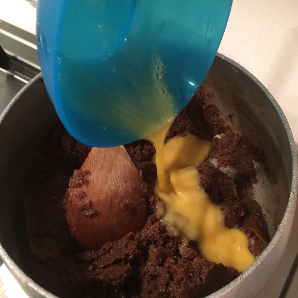 Take of the heat and add one egg.