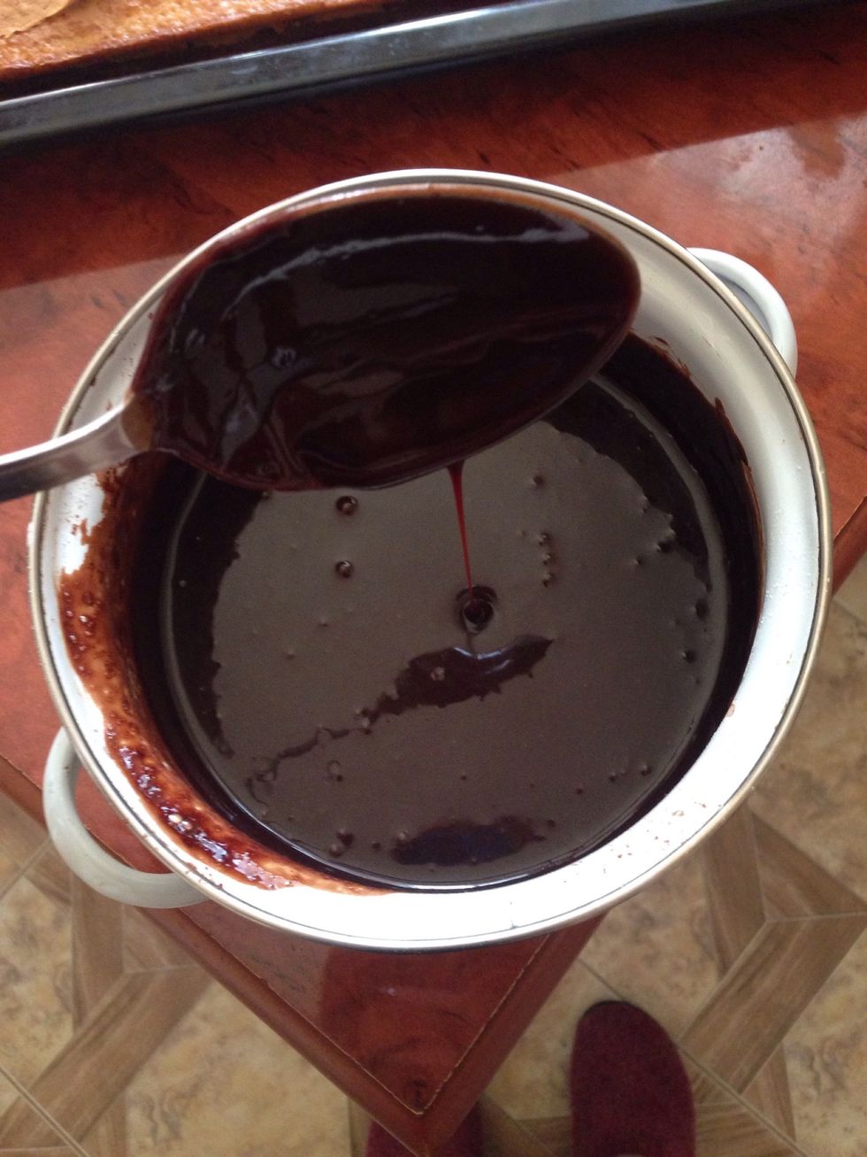 Take off the heat add the butter, mix and put aside to cool down completely