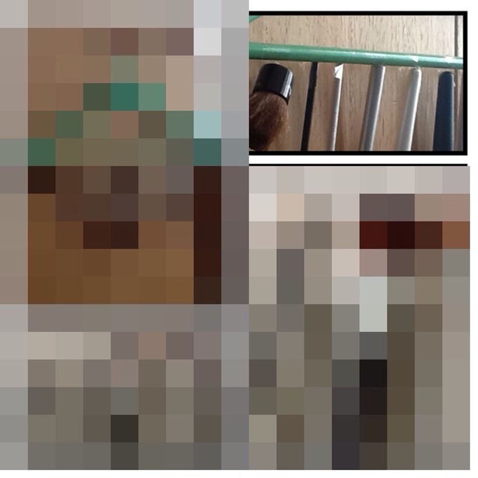 Take one brush at a time and one piece of tape, "swip" it around the brush and over the hanger.. Repeat until all brushes are on the hanger