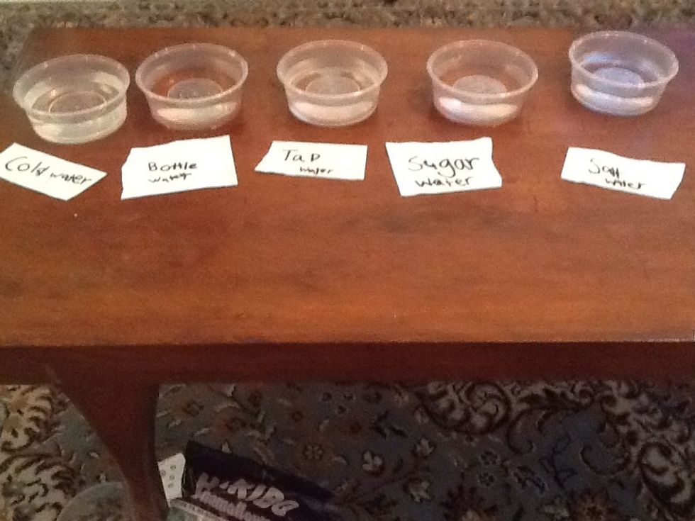 Take one cup ,fill it with cold water, take two other cups and fill  them with salt and sugar water. Take   Two other cups and fill them with bottle water and tap water and don't forget to name them.