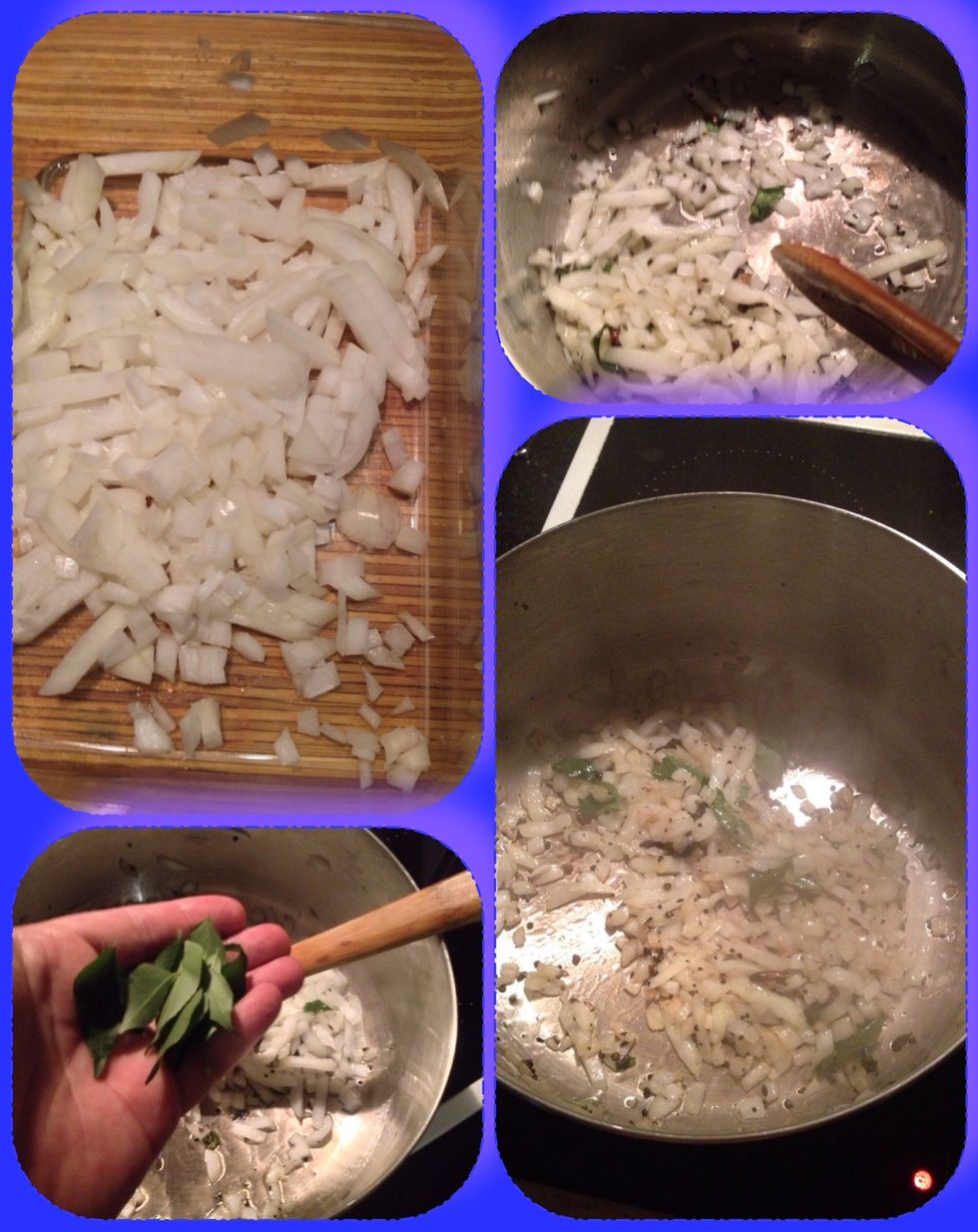 Take one of the onions and Dice it ad to you pot with your ghee and pickle spice ad some Curry leaves stir and till onions start browning