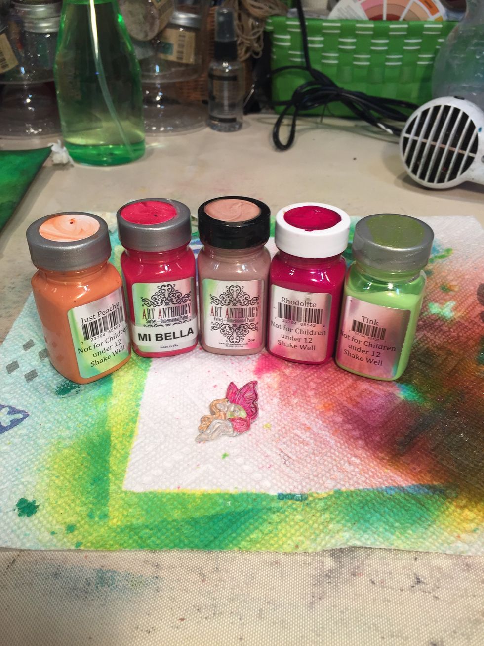 Take one of the resin fairies and paint with Mia Bella, Just Peachy, and Tink Sorbet; Rhodolite Dimensional Gems, and Portobello Velvet (for flesh-tone).