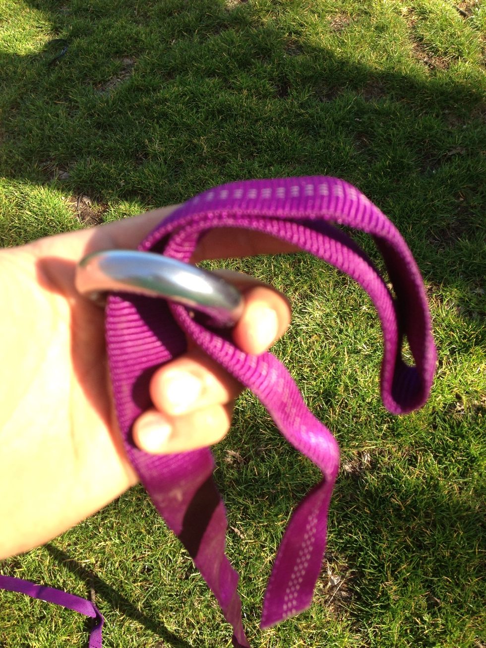 Take one of your rings. Pinch the webbing and send it through the ring as shown. Lets call this R1.