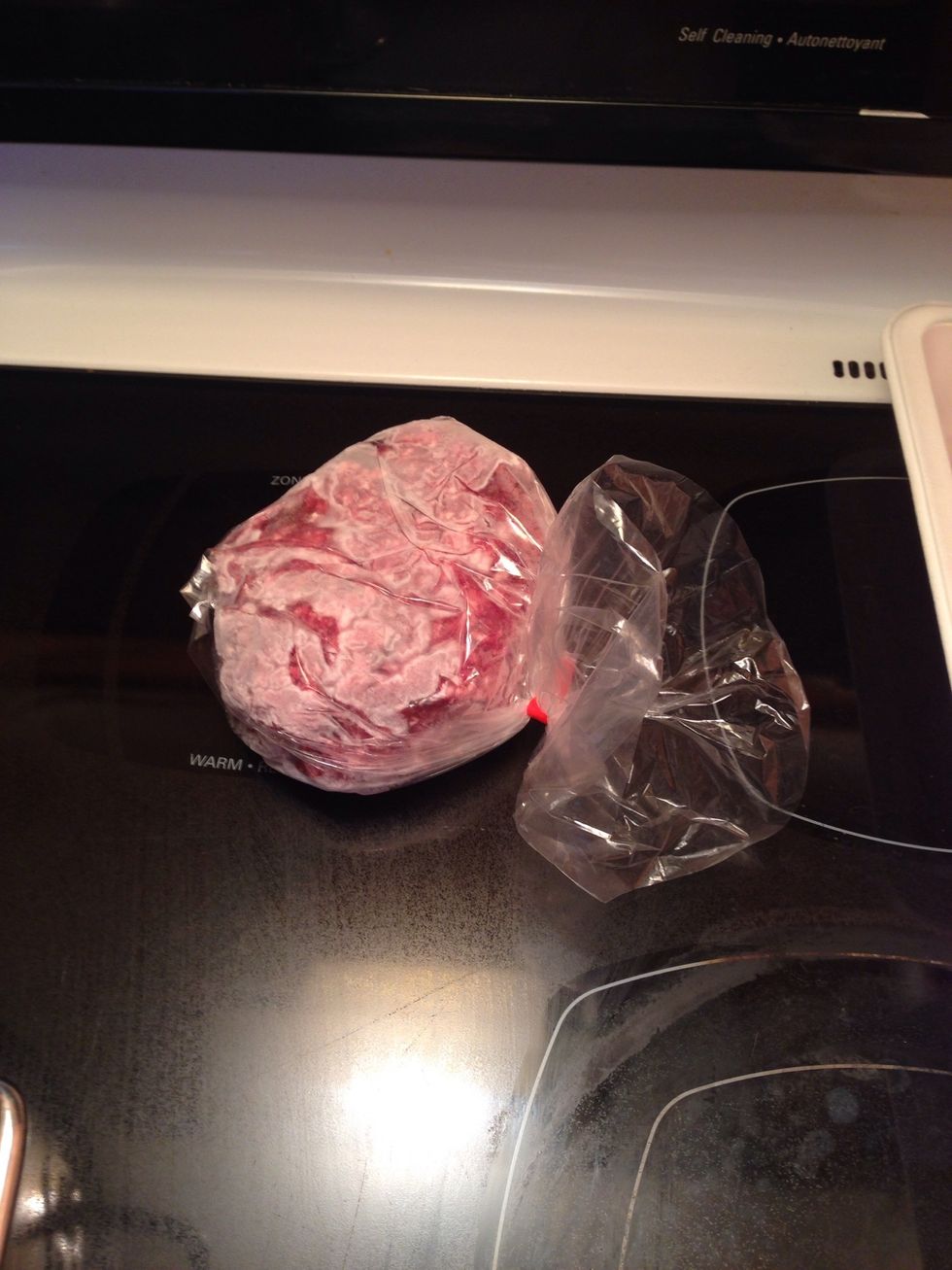 Take one pound of ground beef from the freezer.
