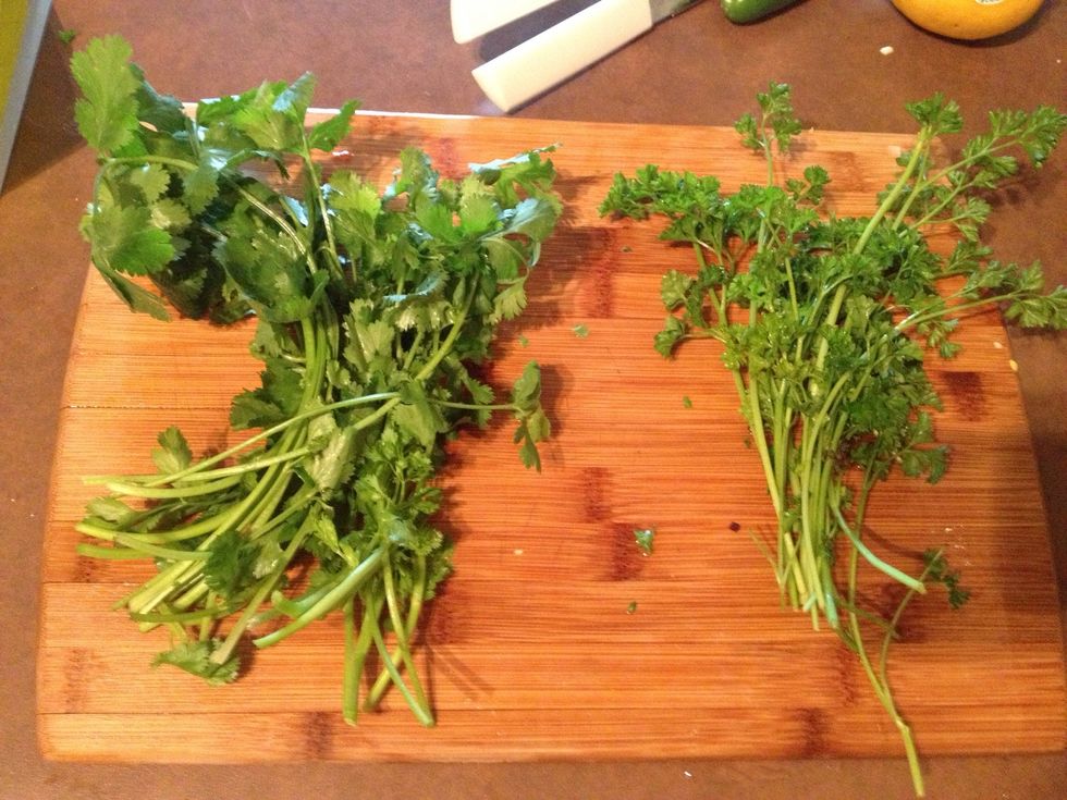 Take one small bunch of both cilantro and parsley, I really enjoy the taste of cilantro so I used a little extra