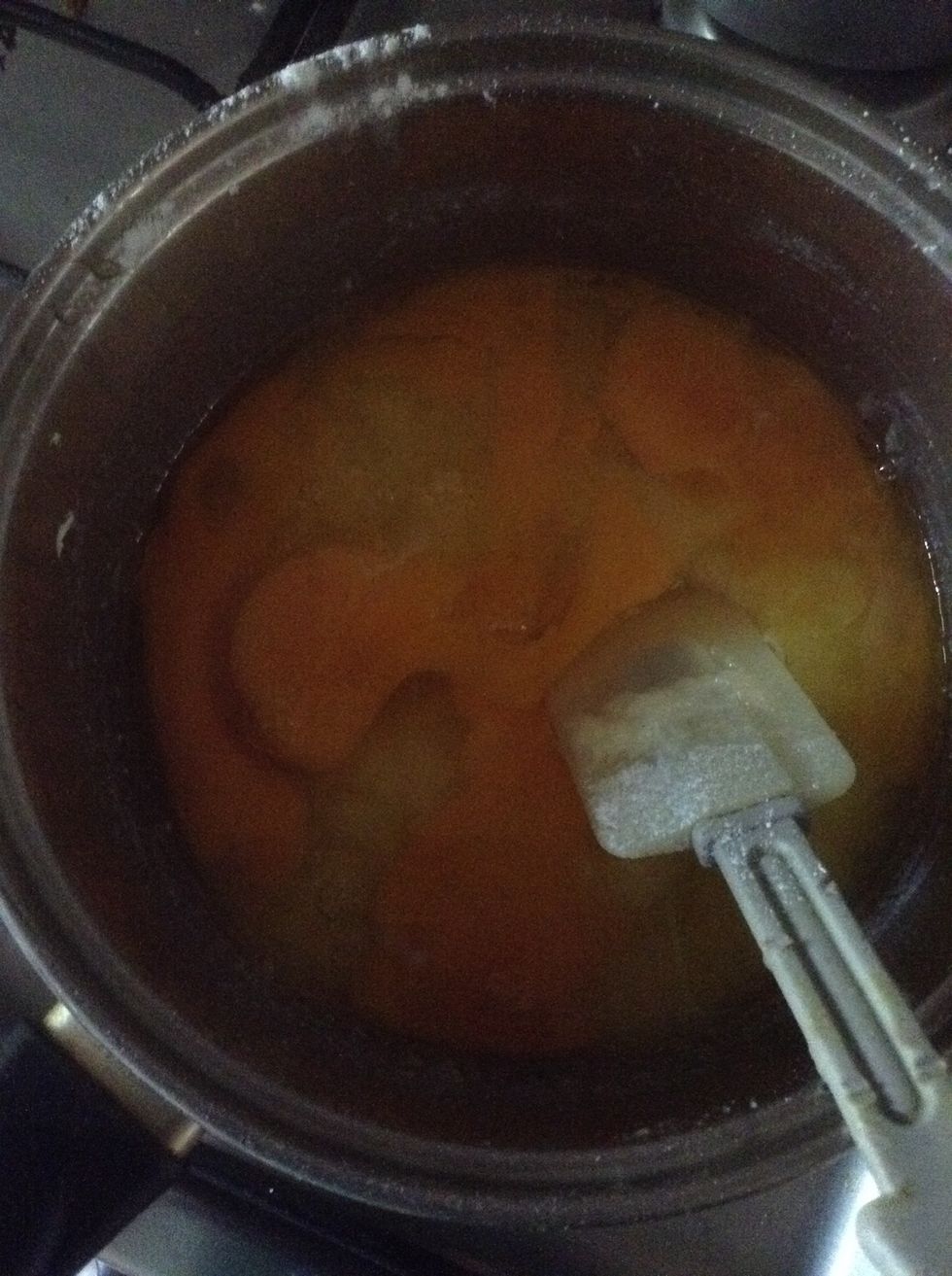 Take out from heat and add 4 eggs