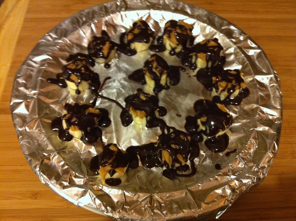 Take out of freezer and drizzle with chocolate syrup. Again you can use as much or as little as you like. You could even use Carmel or strawberry syrup.
