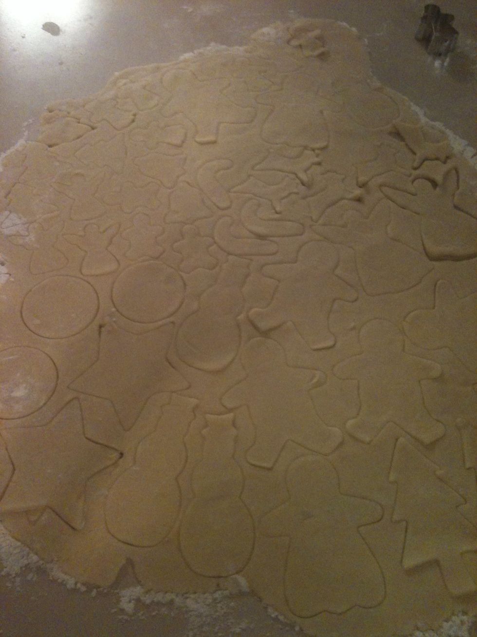 Take out of fridge. Flour down your counter, hands, and rolling pin. And roll about 1/4 of an inch thick. Then use your cookie cutters