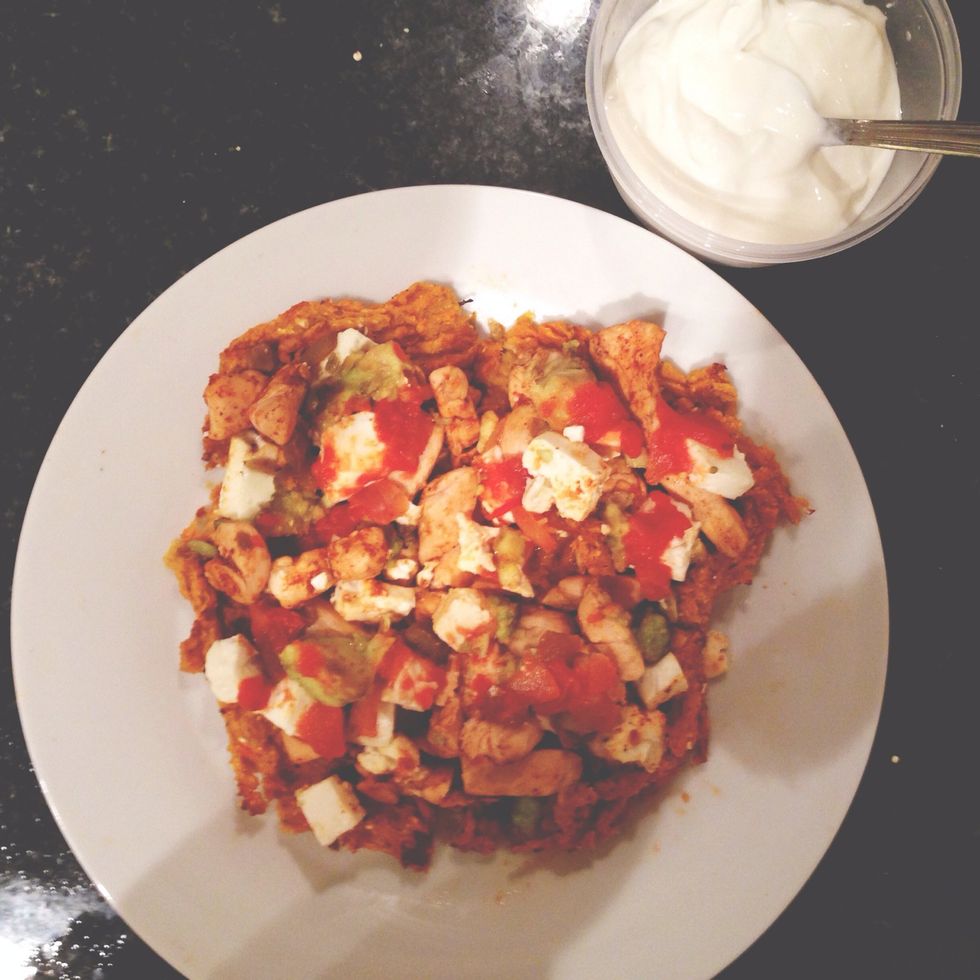 Take out of the oven and serve with greek yogurt or quark. Enjoy\ud83d\ude0b