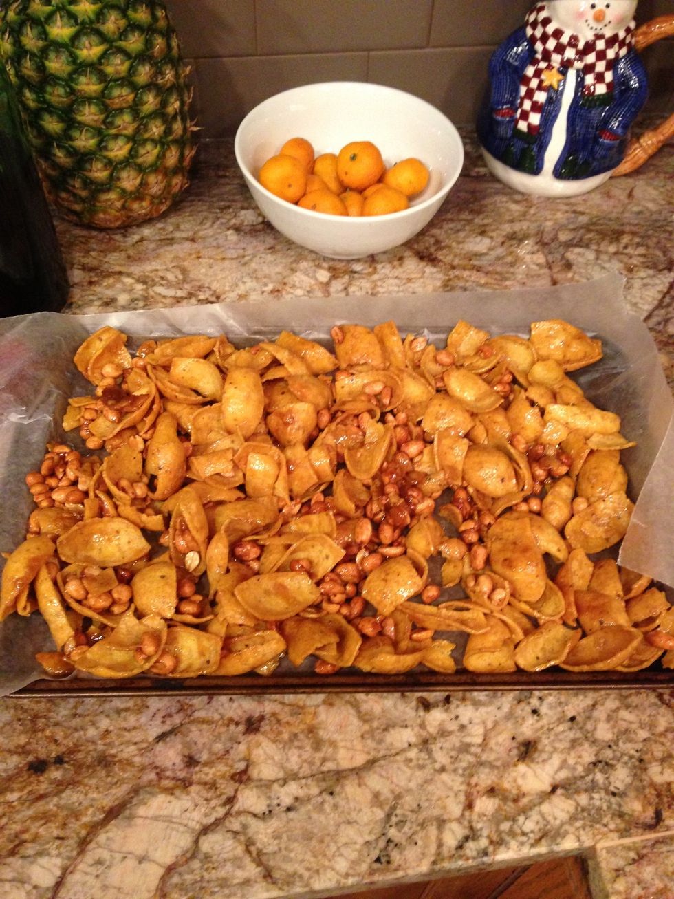 Take out of the oven and spread on a wax lined cookie sheet. Cool overnight and then break up pieces that have cooled together.