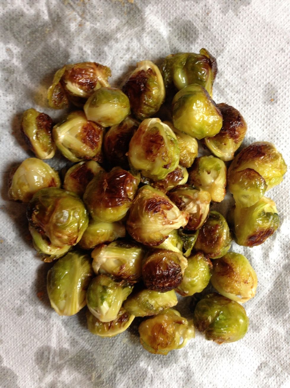 Take out only the Brussels sprouts. Put them on kitchen paper to get rid of the extra oil- butter