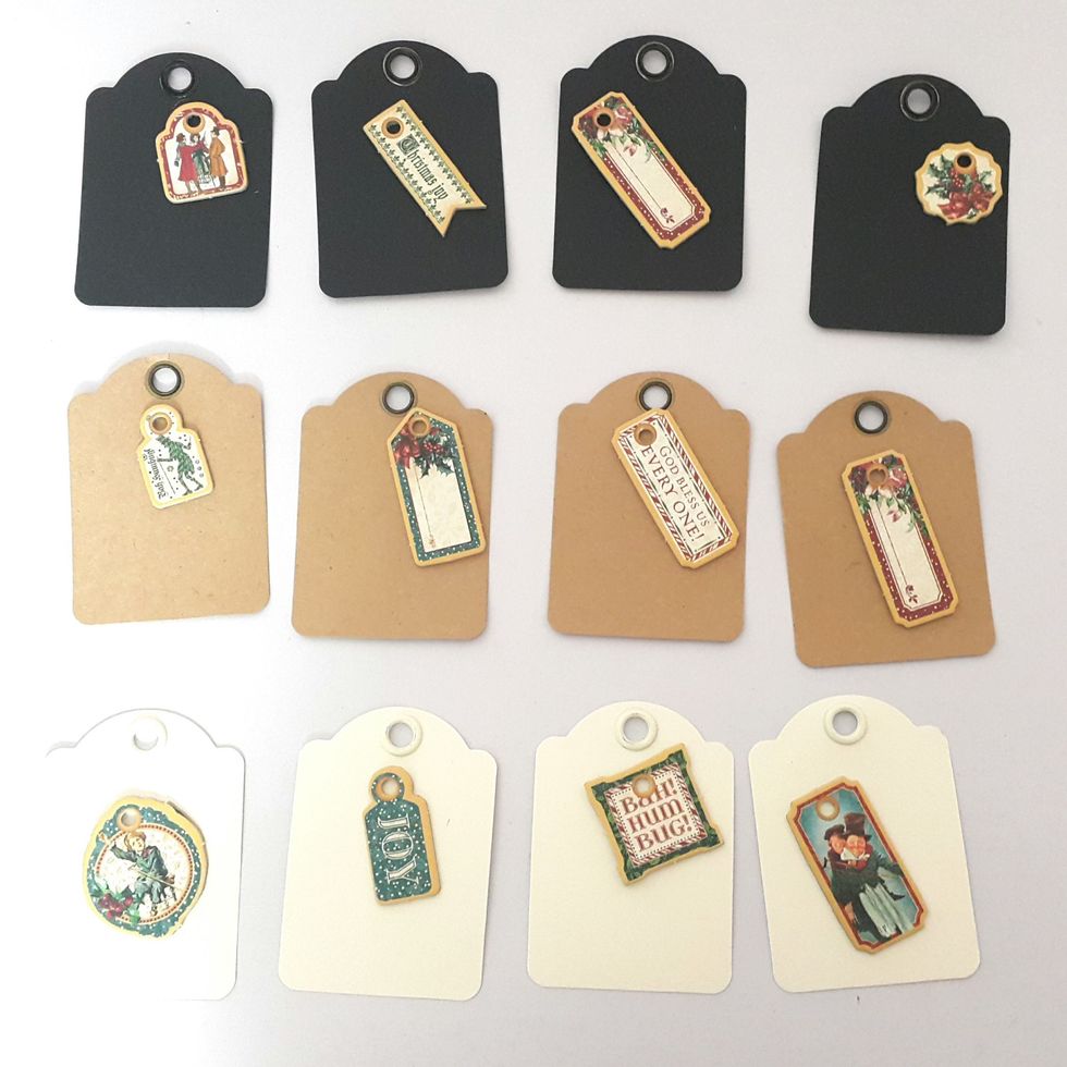 Take out the chipboard die-cuts and match with the tags, left aside