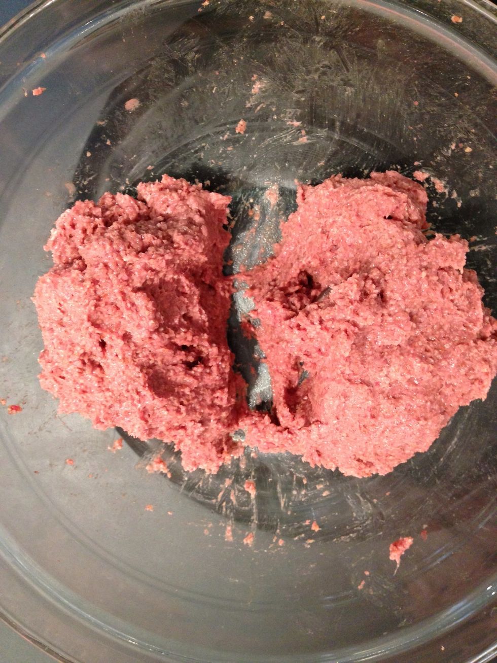 Take out the kibbeh paste And divide it into 2 parts.