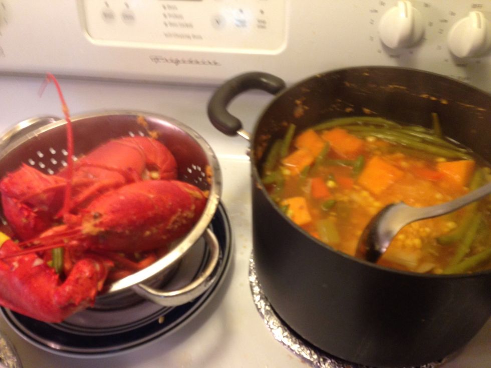 Take out the lobster, careful, they're hot!