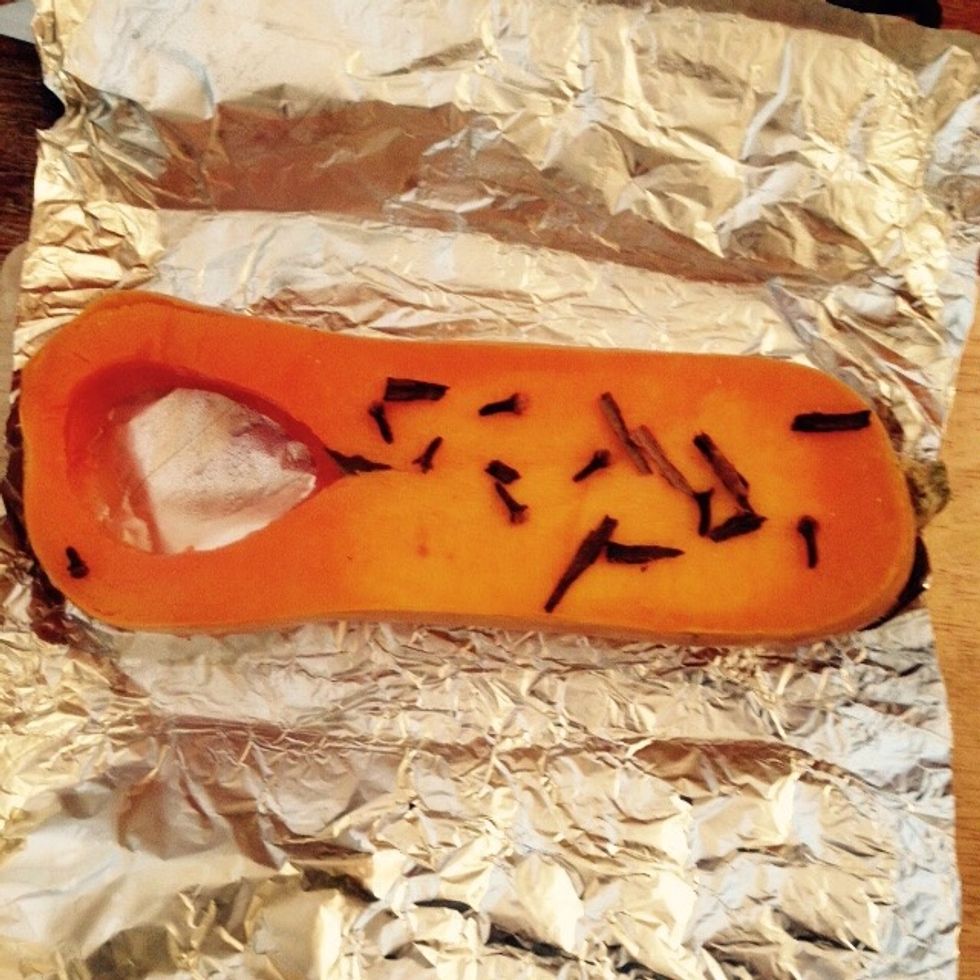 Take out the squash stakes from the oven and remove the foil and spices.