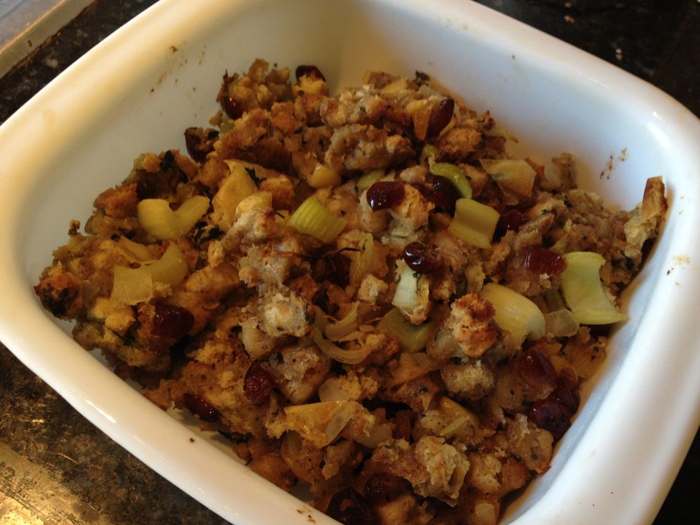 Take out the stuffing from the oven. Allow it to sit for a few minutes before serving.