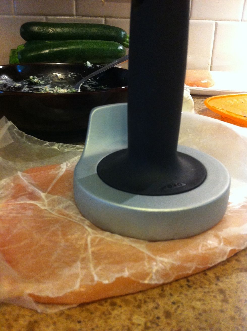 Take out your frustrations with your boss/douchey ex/annoying in- laws on the poor unsuspecting chicken breast. Or, you could just pound them flat. To around half an inch thick.