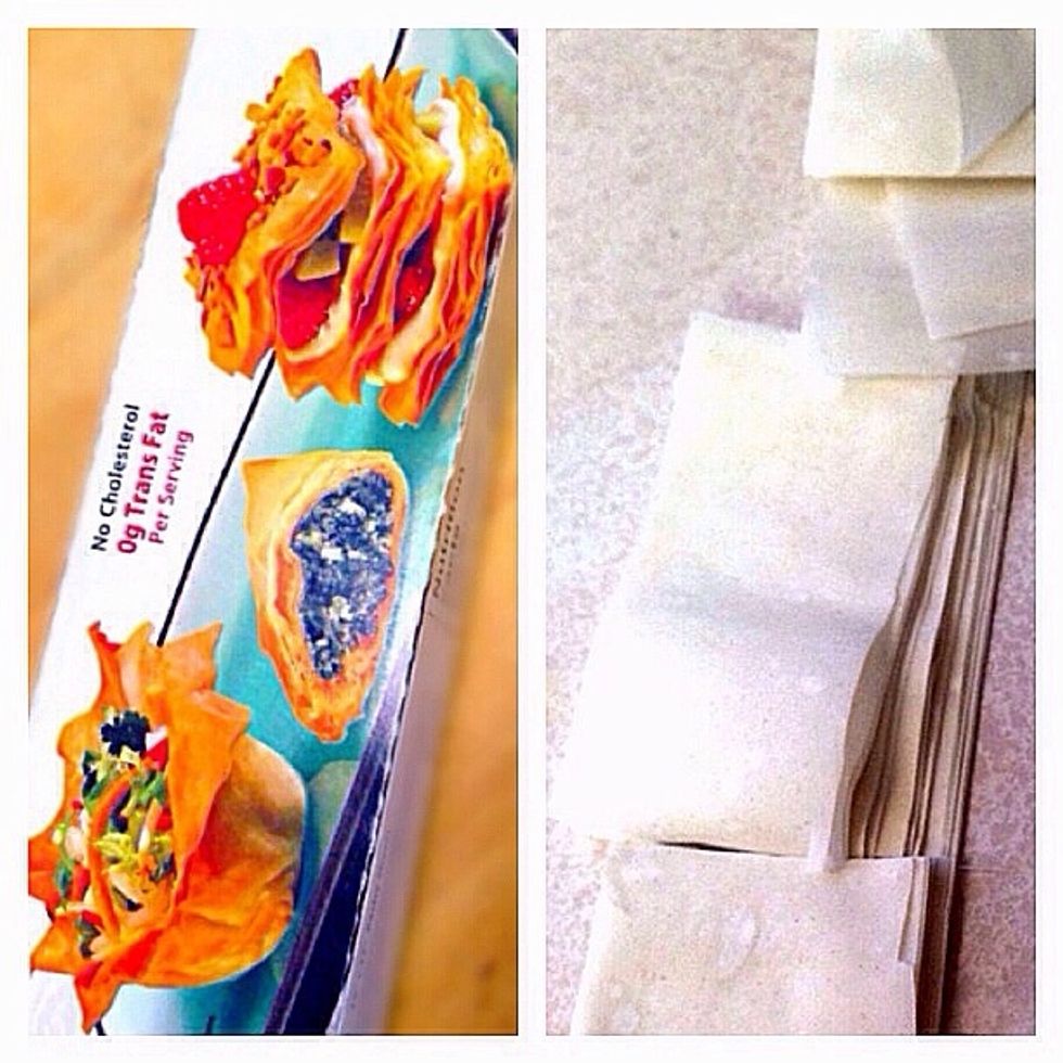 Take phyllo dough out of the package and arrange it near your work place. I used leftovers from "Baklava Fingers" (see my other guides). Open the dough, cut rectangles about 2 in thick and 4 in long