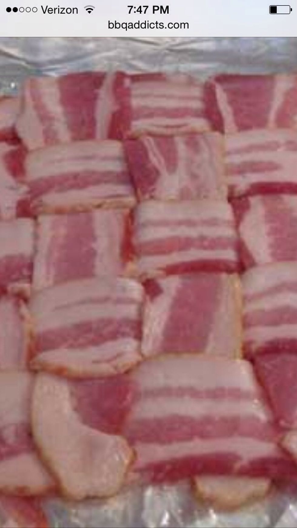 Take remaining bacon and weave together pieces to form one large piece approx 9x13.