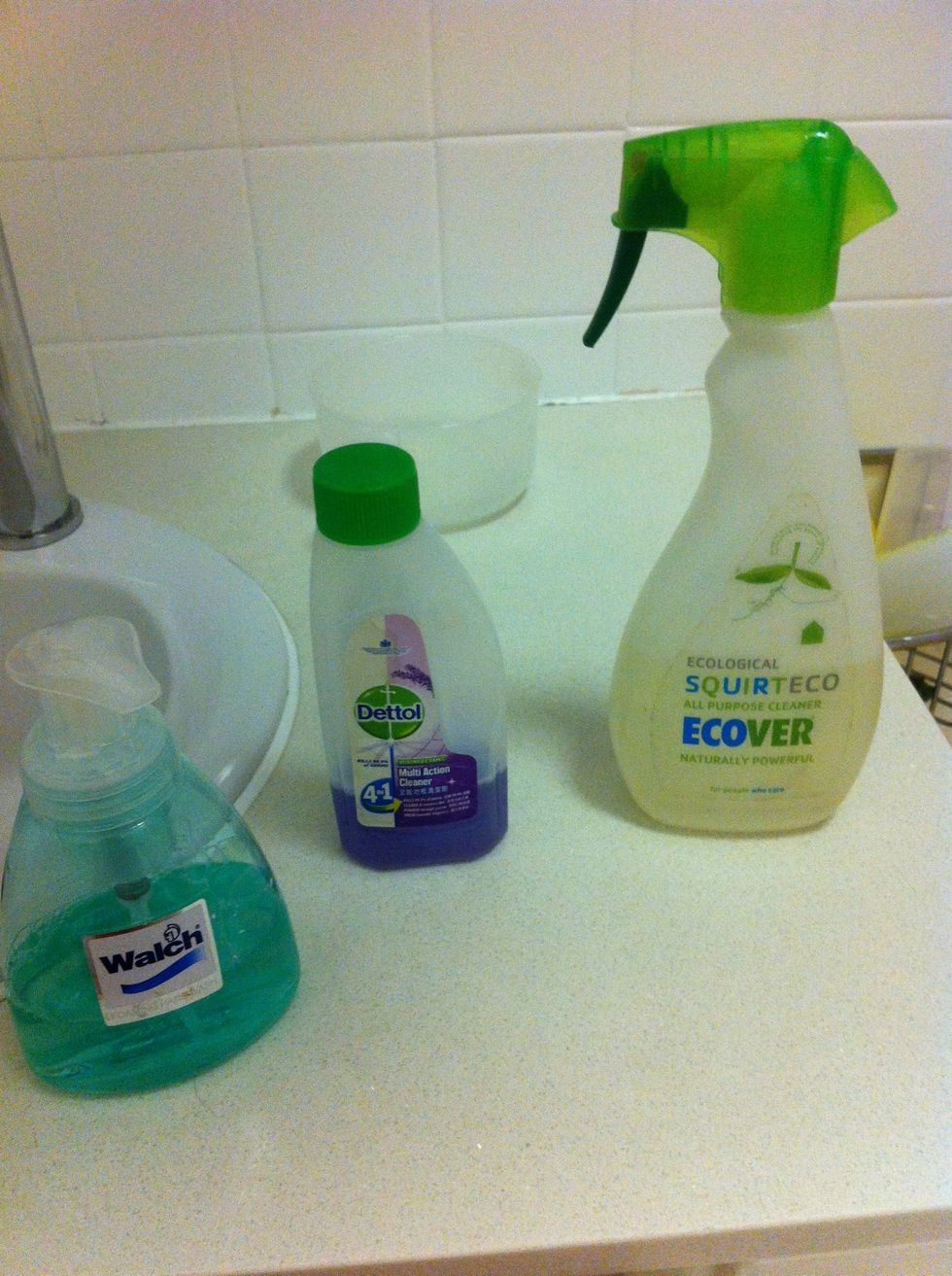 Take some cleaner and soap. The reason I used both cleaner and soap was because the cleaner smelled bad, but I guess it might have some sort of effect on the stain as well.