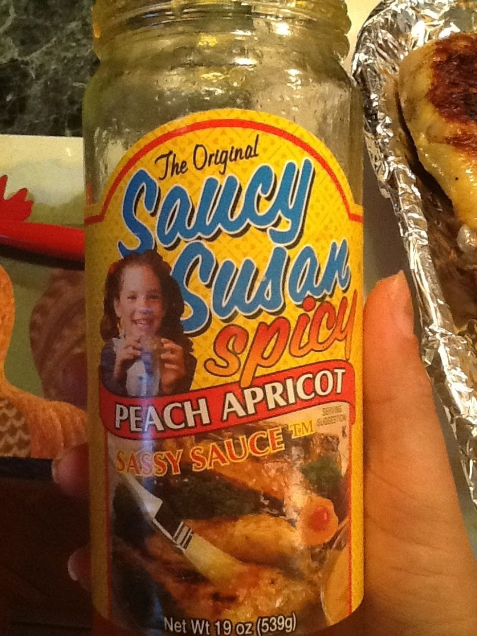 Take some of your saucy Susan and slather some all over the chicken pieces. You don't know what this is? Let me tell you it is a sweet and savory condiment. It is so good.
