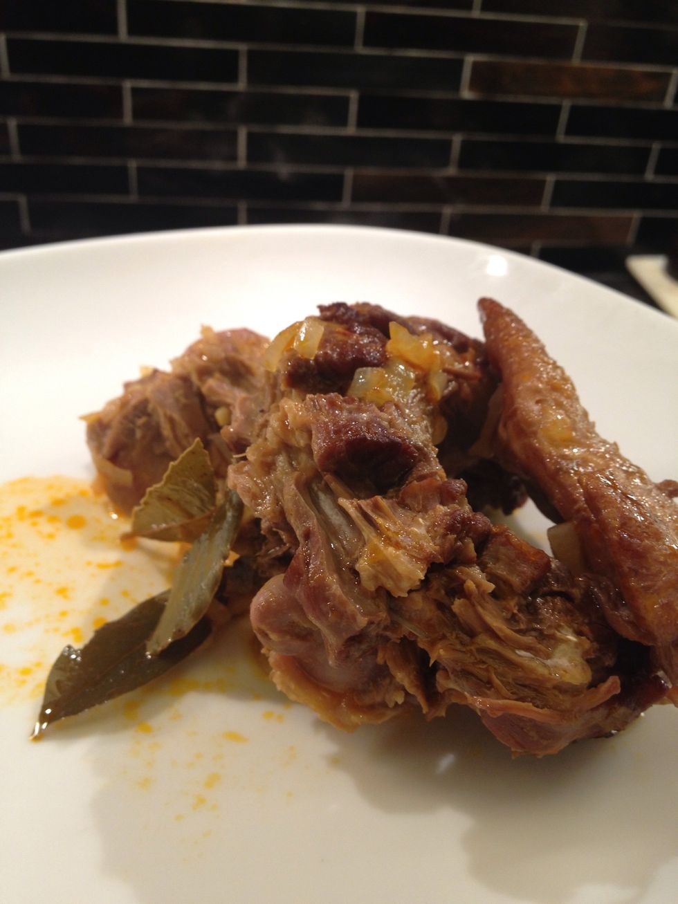 Take the bones/meat, and bay leaf out.