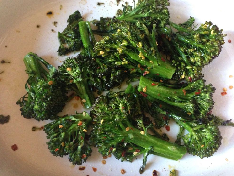 Take the broccoli out of the oven. It should still be slightly tough.