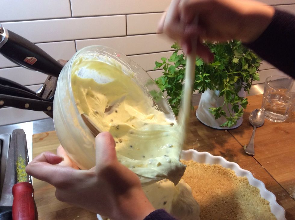 Take the case out of the fridge and gently spoon in the mixture.