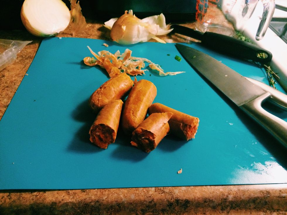 Take the chorizo out of the casings. I only did two, as this was the perfect amount for just a couple of people.