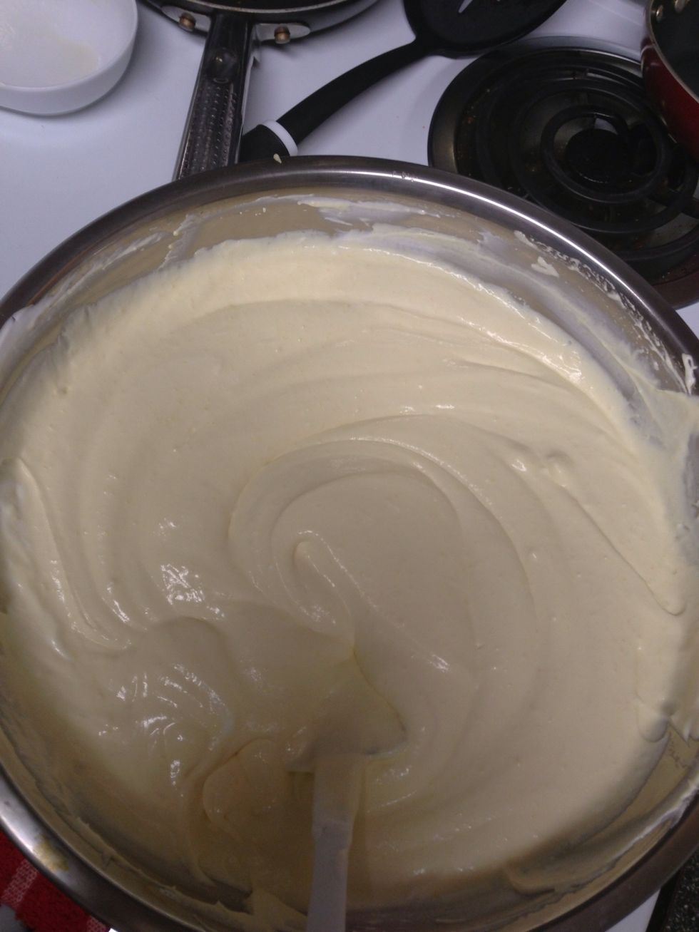 Take the cream cheese mixture & add it to the pudding mixture that's been patiently waiting in the other bowl. Stir until well blended.