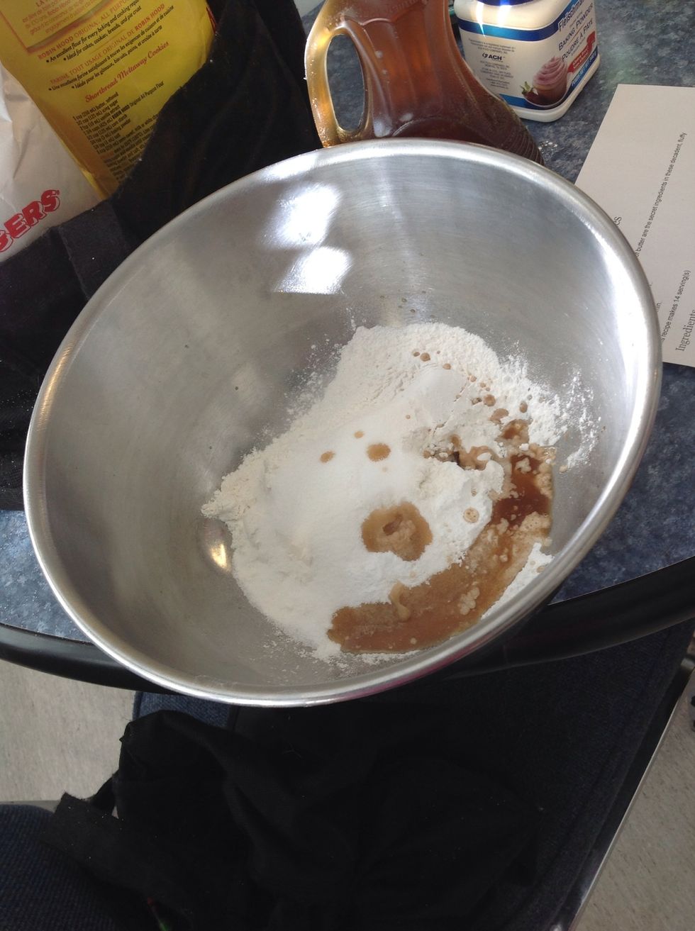 take the dry ingredients, flour, sugar, baking powder, baking soda and salt.