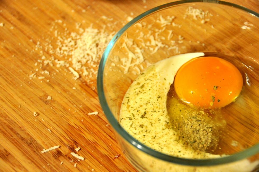 Take the egg, milk, parmesan and a couple good pinches of French Made Easy! Mix well. You can buy the seasoning at worldseasonings.com. Trust me...that stuff is amazing and can be used on everything!