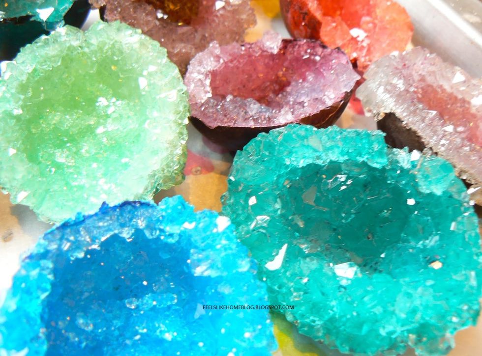 Take the eggs out of the solution. Crystals should have formed.