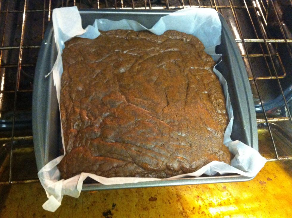 Take the finished brownie out of the oven and set aside to cool. (Caution: this step also involves a hotoven; take all precautions needed)