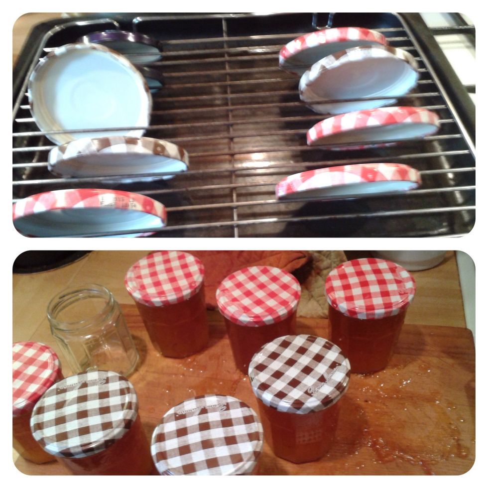 Take the hot lids out of the oven. Find a way to get the lids on quickly but safely. I use oven gloves and just accept the fact they're going to need washing afterwards along with the board.