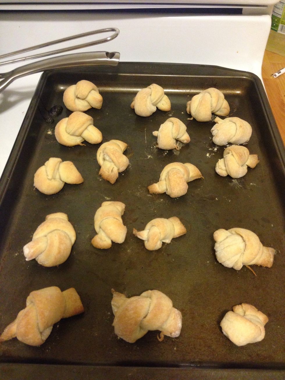 Take the knots out of the oven when they are golden brown. I did find that it tastes crisper than it looks. (Just as a warning)