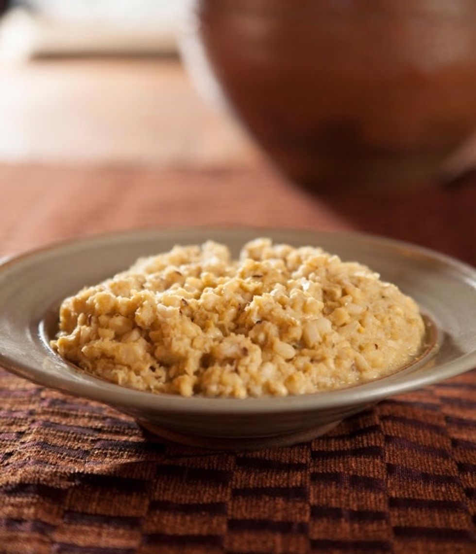 Take the lid off, add in the coconut, give it a good stir and you're done. Serve this at room temperature.